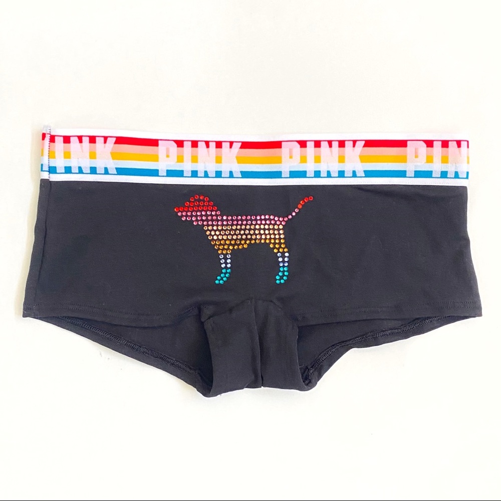 Pink VS Victoria’s Secret black rainbow rhinestone dog logo boyshort underwear